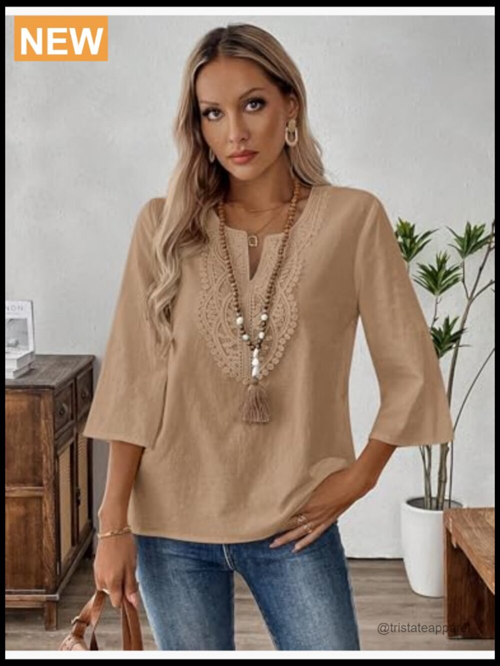 Womens 3/4 Sleeve Tunic Top Cotton Linen V Neck Lace Loose Fit Boho Blouse - Picture 3 of 5